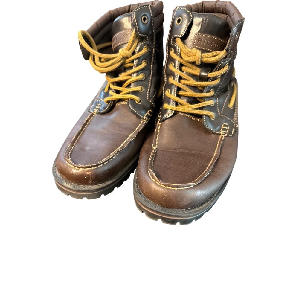 Tommy Hilfiger Jensen Brown Leather Hiking Boots Padded Collar Lace Up Sz 8